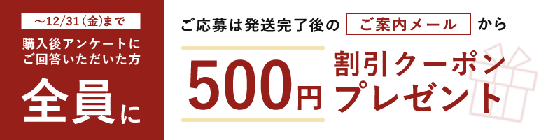 購入後アンケートに回答いただいた全員に500円OFFクーポンプレゼント